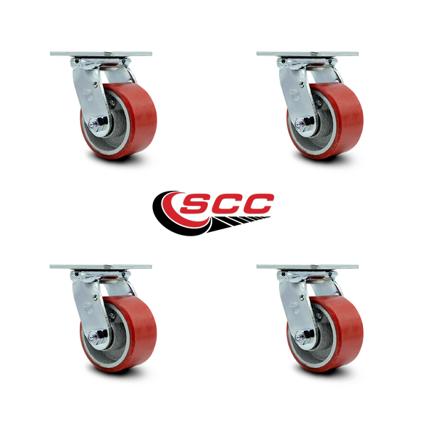 Service Caster 4 Inch Red Poly on Cast Iron Wheel Swivel Caster Set with Roller Bearings SCC SCC-30CS420-PUR-RS-4